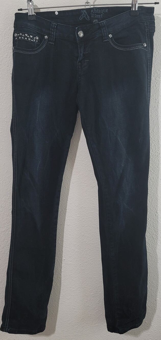 Antique Rivet Black Distressed & Embellished Stone Wash Denim Jeans 29 Skinny